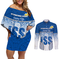 Personalized International School Suva Couples Matching Off Shoulder Short Dress and Long Sleeve Button Shirts With Fijian Tapa Pattern LT05 Blue - Polynesian Pride
