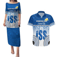 Personalized International School Suva Couples Matching Puletasi Dress and Hawaiian Shirt With Fijian Tapa Pattern LT05 Blue - Polynesian Pride