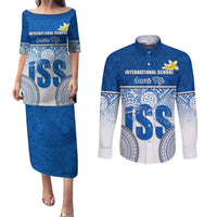 Personalized International School Suva Couples Matching Puletasi Dress and Long Sleeve Button Shirts With Fijian Tapa Pattern LT05 Blue - Polynesian Pride