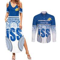 Personalized International School Suva Couples Matching Summer Maxi Dress and Long Sleeve Button Shirts With Fijian Tapa Pattern LT05 Blue - Polynesian Pride