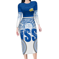 Personalized International School Suva Family Matching Long Sleeve Bodycon Dress and Hawaiian Shirt With Fijian Tapa Pattern LT05 Mom's Dress Blue - Polynesian Pride