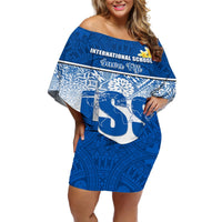 Personalized International School Suva Off Shoulder Short Dress With Fijian Tapa Pattern LT05 Women Blue - Polynesian Pride