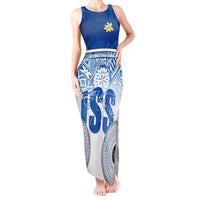 Personalized International School Suva Tank Maxi Dress With Fijian Tapa Pattern LT05 Women Blue - Polynesian Pride