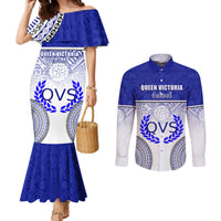 Personalized Queen Victoria School Couples Matching Mermaid Dress and Long Sleeve Button Shirts With Fijian Tapa Pattern LT05 Blue - Polynesian Pride