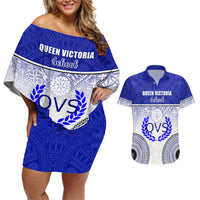 Personalized Queen Victoria School Couples Matching Off Shoulder Short Dress and Hawaiian Shirt With Fijian Tapa Pattern LT05 Blue - Polynesian Pride