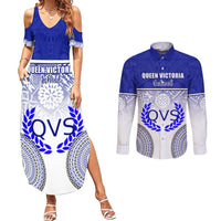 Personalized Queen Victoria School Couples Matching Summer Maxi Dress and Long Sleeve Button Shirts With Fijian Tapa Pattern LT05 Blue - Polynesian Pride