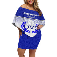 Personalized Queen Victoria School Off Shoulder Short Dress With Fijian Tapa Pattern LT05 Women Blue - Polynesian Pride