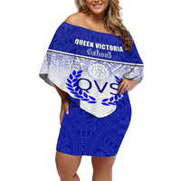 Personalized Queen Victoria School Off Shoulder Short Dress With Fijian Tapa Pattern LT05 Women Blue - Polynesian Pride