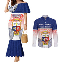 Personalized Marist Brothers High School Couples Matching Mermaid Dress and Long Sleeve Button Shirts With Fijian Tapa Pattern LT05 Blue - Polynesian Pride