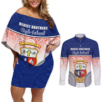 Personalized Marist Brothers High School Couples Matching Off Shoulder Short Dress and Long Sleeve Button Shirts With Fijian Tapa Pattern LT05 Blue - Polynesian Pride