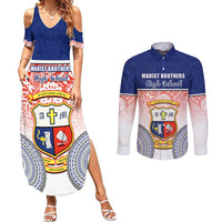 Personalized Marist Brothers High School Couples Matching Summer Maxi Dress and Long Sleeve Button Shirts With Fijian Tapa Pattern LT05 Blue - Polynesian Pride