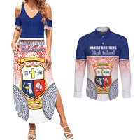 Personalized Marist Brothers High School Couples Matching Summer Maxi Dress and Long Sleeve Button Shirts With Fijian Tapa Pattern LT05 Blue - Polynesian Pride