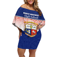 Personalized Marist Brothers High School Off Shoulder Short Dress With Fijian Tapa Pattern LT05 Women Blue - Polynesian Pride