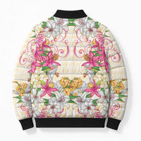 Hawaii Palaka Bomber Puffer Jacket Yellow Tribal Pattern With Tropical Flowers LT05 - Polynesian Pride