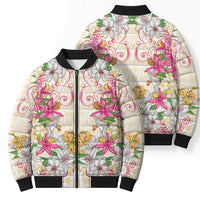 Hawaii Palaka Bomber Puffer Jacket Yellow Tribal Pattern With Tropical Flowers LT05 - Polynesian Pride