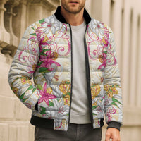 Hawaii Palaka Bomber Puffer Jacket Yellow Tribal Pattern With Tropical Flowers LT05 - Polynesian Pride
