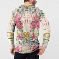 Hawaii Palaka Button Sweatshirt Yellow Tribal Pattern With Tropical Flowers LT05 - Polynesian Pride