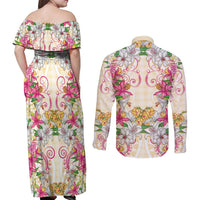 Hawaii Palaka Couples Matching Off Shoulder Maxi Dress and Long Sleeve Button Shirt Yellow Tribal Pattern With Tropical Flowers - Polynesian Pride