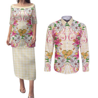 Hawaii Palaka Couples Matching Puletasi and Long Sleeve Button Shirt Yellow Tribal Pattern With Tropical Flowers LT05 Yellow - Polynesian Pride