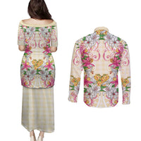 Hawaii Palaka Couples Matching Puletasi and Long Sleeve Button Shirt Yellow Tribal Pattern With Tropical Flowers LT05 - Polynesian Pride