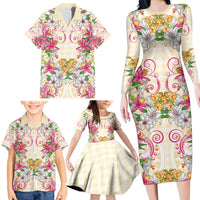 Hawaii Palaka Family Matching Long Sleeve Bodycon Dress and Hawaiian Shirt Yellow Tribal Pattern With Tropical Flowers - Polynesian Pride