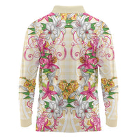 Hawaii Palaka Long Sleeve Polo Shirt Yellow Tribal Pattern With Tropical Flowers LT05 - Polynesian Pride