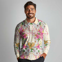 Hawaii Palaka Long Sleeve Polo Shirt Yellow Tribal Pattern With Tropical Flowers LT05 - Polynesian Pride