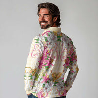 Hawaii Palaka Long Sleeve Polo Shirt Yellow Tribal Pattern With Tropical Flowers LT05 - Polynesian Pride