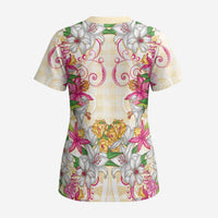 Hawaii Palaka Scrub Top Yellow Tribal Pattern With Tropical Flowers - Polynesian Pride