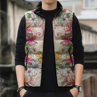 Hawaii Palaka Sleeveless Puffer Jacket Yellow Tribal Pattern With Tropical Flowers LT05 - Polynesian Pride