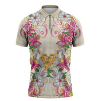 Hawaii Palaka Zipper Polo Shirt Yellow Tribal Pattern With Tropical Flowers LT05 Yellow - Polynesian Pride
