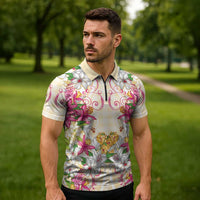 Hawaii Palaka Zipper Polo Shirt Yellow Tribal Pattern With Tropical Flowers LT05 - Polynesian Pride