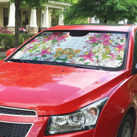 Hawaii Palaka Auto Sun Shade White Tribal Pattern With Tropical Flowers - Polynesian Pride