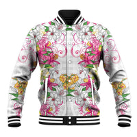 Hawaii Palaka Baseball Jacket White Tribal Pattern With Tropical Flowers LT05 Unisex White - Polynesian Pride