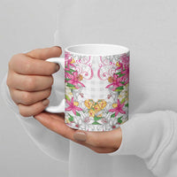 Hawaii Palaka Ceramic Mug White Tribal Pattern With Tropical Flowers LT05 - Polynesian Pride