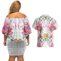 Hawaii Palaka Couples Matching Off Shoulder Short Dress and Hawaiian Shirt White Tribal Pattern With Tropical Flowers - Polynesian Pride