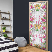Hawaii Palaka Door Cover White Tribal Pattern With Tropical Flowers - Polynesian Pride