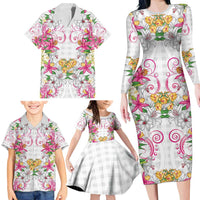 Hawaii Palaka Family Matching Long Sleeve Bodycon Dress and Hawaiian Shirt White Tribal Pattern With Tropical Flowers - Polynesian Pride