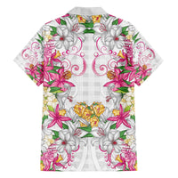 Hawaii Palaka Family Matching Off The Shoulder Long Sleeve Dress and Hawaiian Shirt White Tribal Pattern With Tropical Flowers - Polynesian Pride