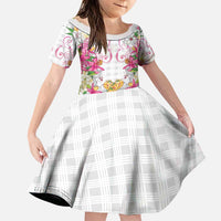 Hawaii Palaka Family Matching Puletasi and Hawaiian Shirt White Tribal Pattern With Tropical Flowers LT05 Daughter's Dress White - Polynesian Pride