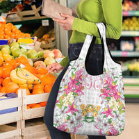 Hawaii Palaka Grocery Bag White Tribal Pattern With Tropical Flowers - Polynesian Pride
