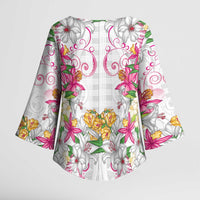 Hawaii Palaka Kimono Sleeve Blouse White Tribal Pattern With Tropical Flowers LT05 - Polynesian Pride