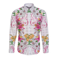 Hawaii Palaka Long Sleeve Button Shirt White Tribal Pattern With Tropical Flowers LT05 Unisex White - Polynesian Pride