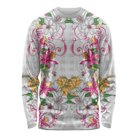 Hawaii Palaka Long Sleeve Shirt White Tribal Pattern With Tropical Flowers LT05 Unisex White - Polynesian Pride