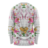Hawaii Palaka Long Sleeve Shirt White Tribal Pattern With Tropical Flowers LT05 - Polynesian Pride