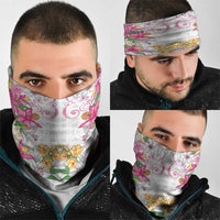 Hawaii Palaka Neck Gaiter White Tribal Pattern With Tropical Flowers - Polynesian Pride