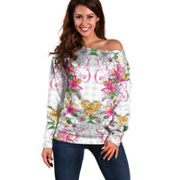 Hawaii Palaka Off Shoulder Sweater White Tribal Pattern With Tropical Flowers - Polynesian Pride