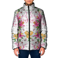 Hawaii Palaka Padded Jacket White Tribal Pattern With Tropical Flowers LT05 Men White - Polynesian Pride