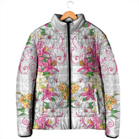 Hawaii Palaka Padded Jacket White Tribal Pattern With Tropical Flowers LT05 - Polynesian Pride