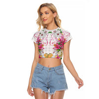 Hawaii Palaka Raglan Cropped T Shirt White Tribal Pattern With Tropical Flowers - Polynesian Pride